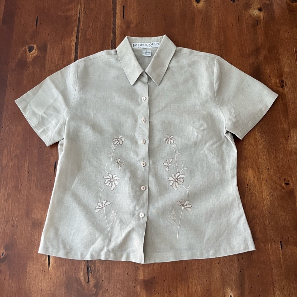 Vintage 90s JM Goulbourn Broderie Tan Linen Embroidered‎ Button Front Blouse